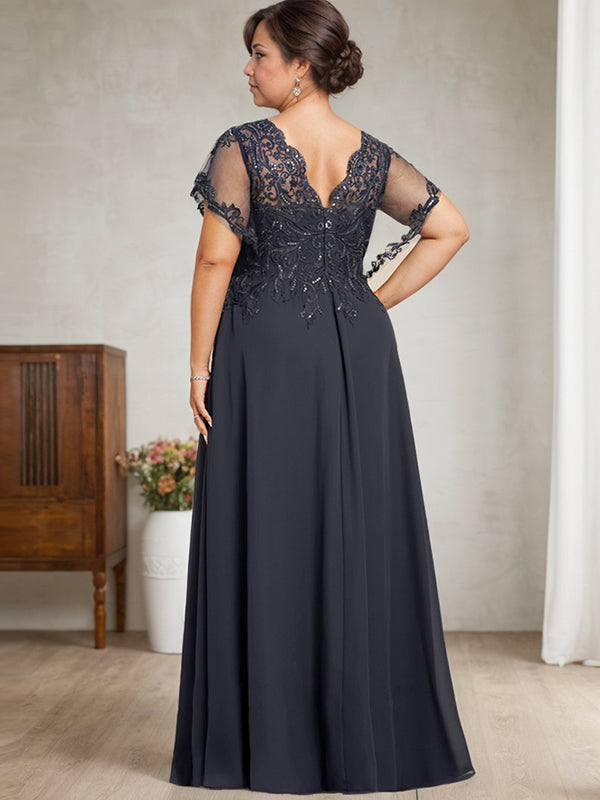 A-Linie V-Ausschnitt Bodenlanges Spitzen-Chiffon-Kleid für die Brautmutter mit Pailletten