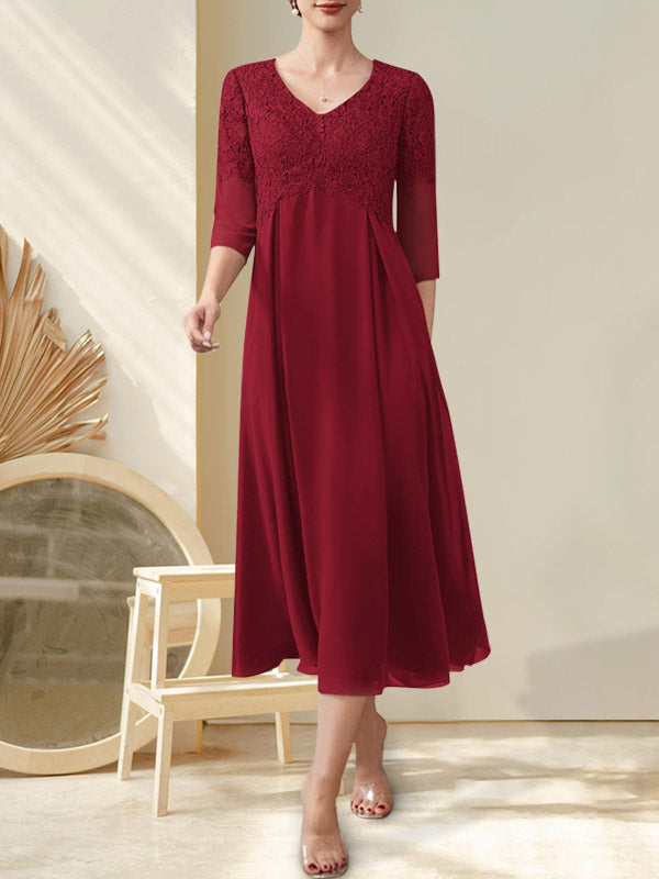 A-Linie V-Ausschnitt Wadenlang Chiffon Spitze Kleid für die Brautmutter mit Perlenbesatz