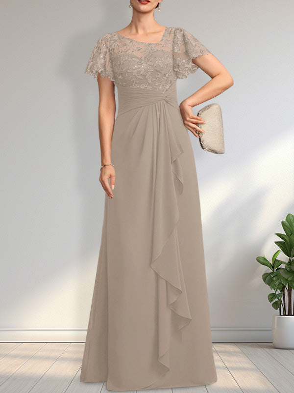 Vestido de madre de la novia de gasa con encaje, ilusión asimétrica, largo hasta el suelo, con volantes en cascada y lentejuelas.