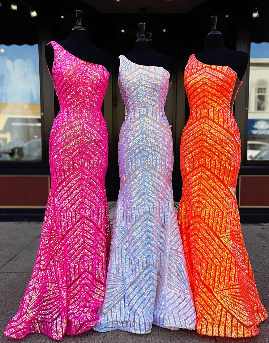 Vestido de fiesta de sirena con lentejuelas y un solo hombro