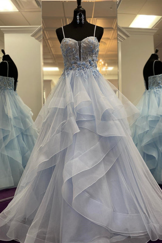 Vestido de fiesta largo de corte A con tirantes y capas florales
