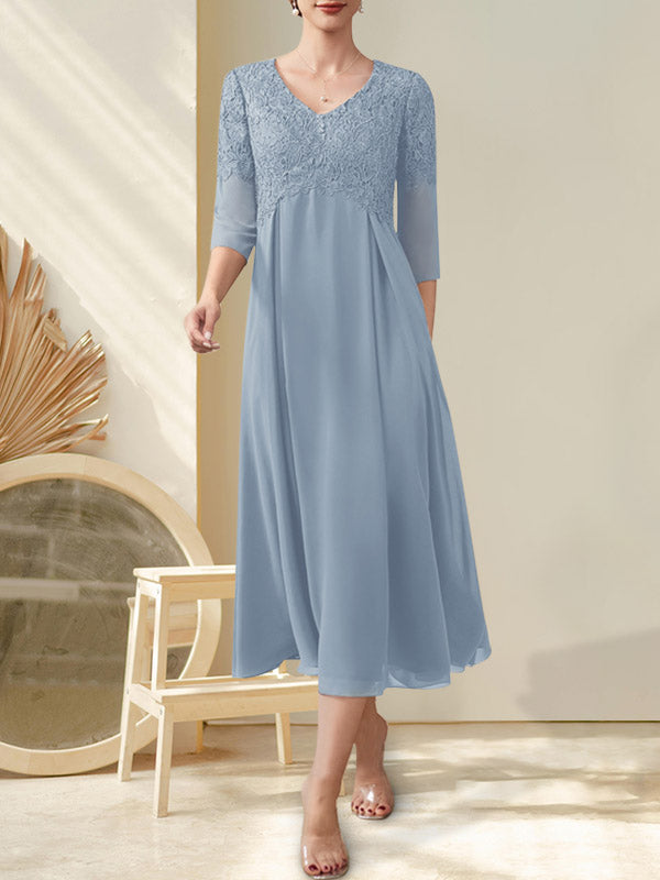 A-Linie V-Ausschnitt Wadenlang Chiffon Spitze Kleid für die Brautmutter mit Perlenbesatz