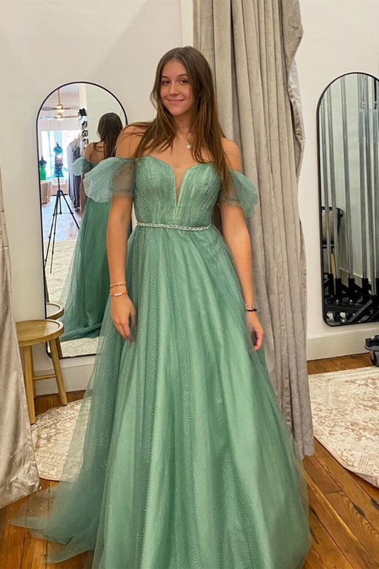 Vestido de fiesta largo con escote en V, hombros descubiertos y tul de cristal marino