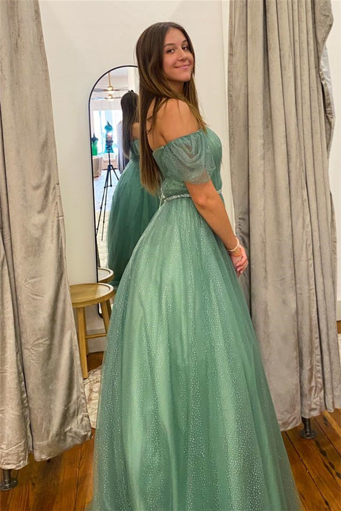 Vestido de fiesta largo con escote en V, hombros descubiertos y tul de cristal marino