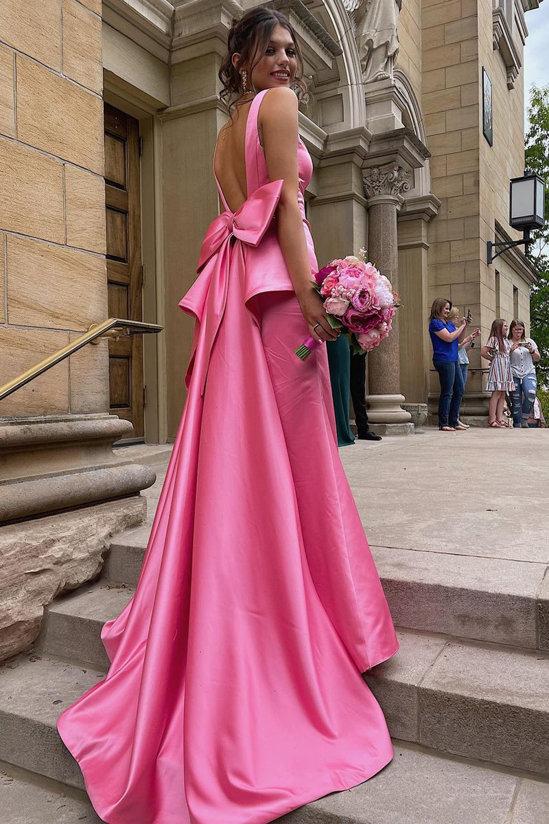 Lindos vestidos de fiesta largos de satén rosa con escote en V y sirena con lazo grande