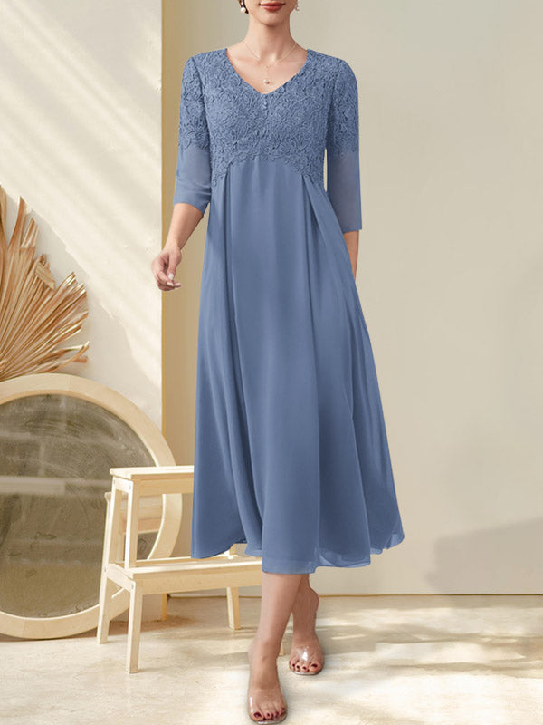 A-Linie V-Ausschnitt Wadenlang Chiffon Spitze Kleid für die Brautmutter mit Perlenbesatz