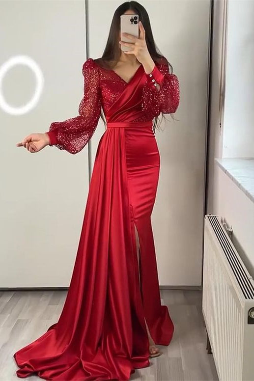 Vestidos de fiesta de sirena de satén con escote en V y mangas largas con abertura