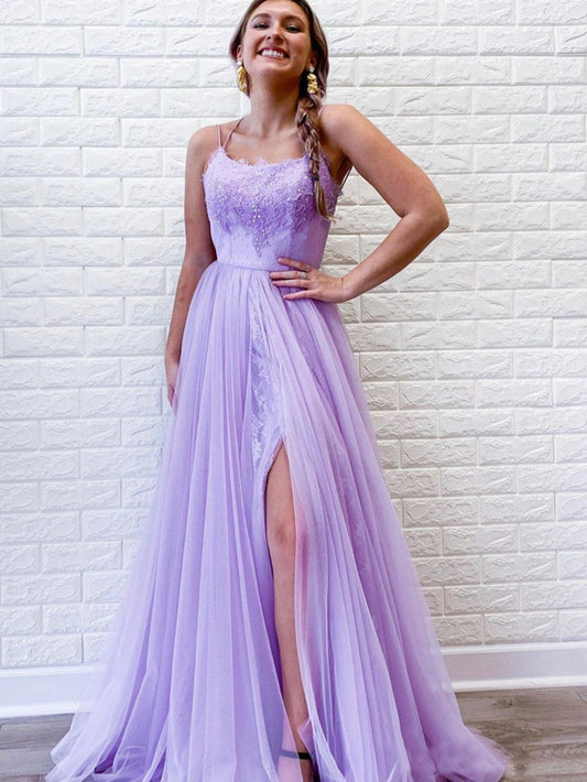 Vestido de fiesta largo de tul morado con espalda descubierta y corte A
