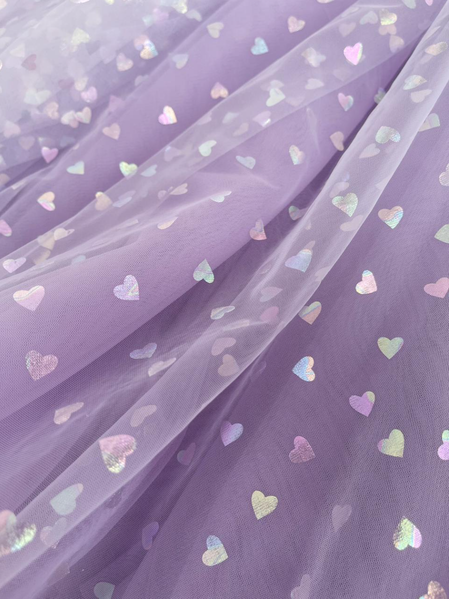 Vestido de fiesta hasta los tobillos con corsé, tirantes de lazo, tul y corazones brillantes