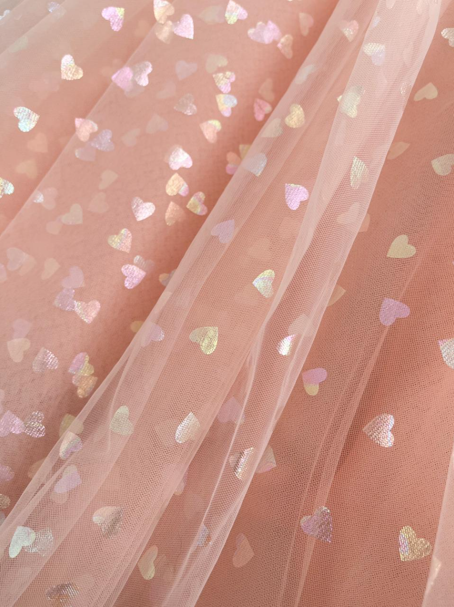Vestido de fiesta hasta los tobillos con corsé, tirantes de lazo, tul y corazones brillantes