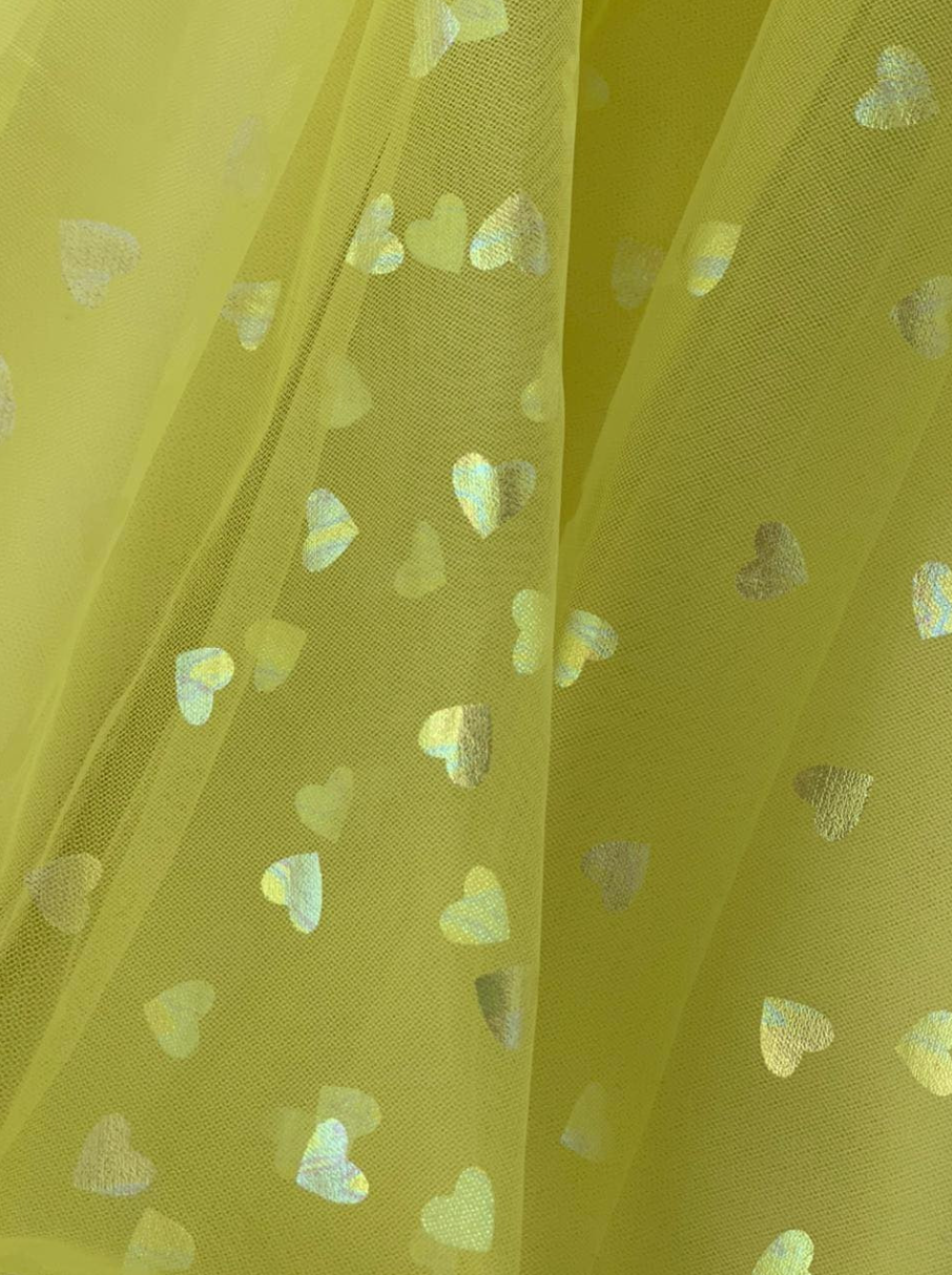 Vestido de fiesta hasta los tobillos con corsé, tirantes de lazo, tul y corazones brillantes