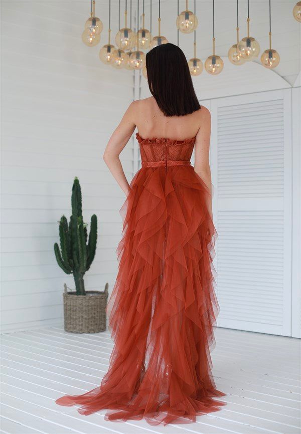Elegant Rust Tiered Ruffles Tulle Prom Dress