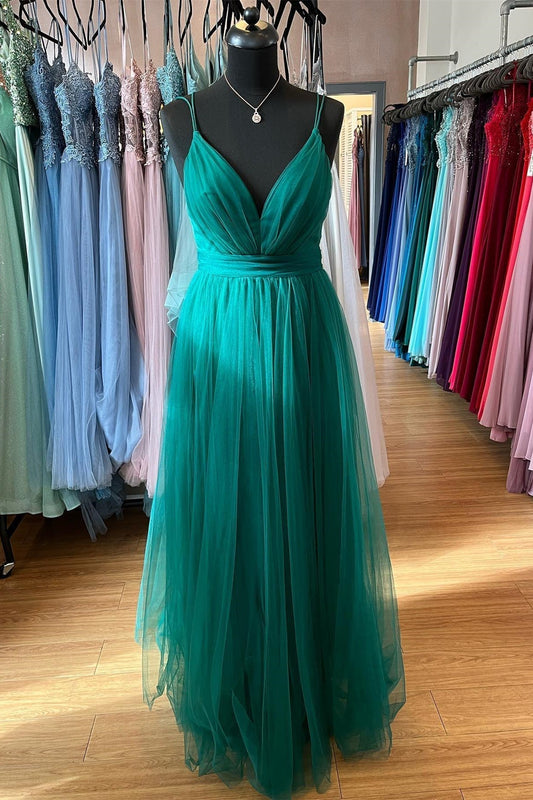 Vestido de fiesta largo plisado con tirantes dobles y escote en V pronunciado en forma de A