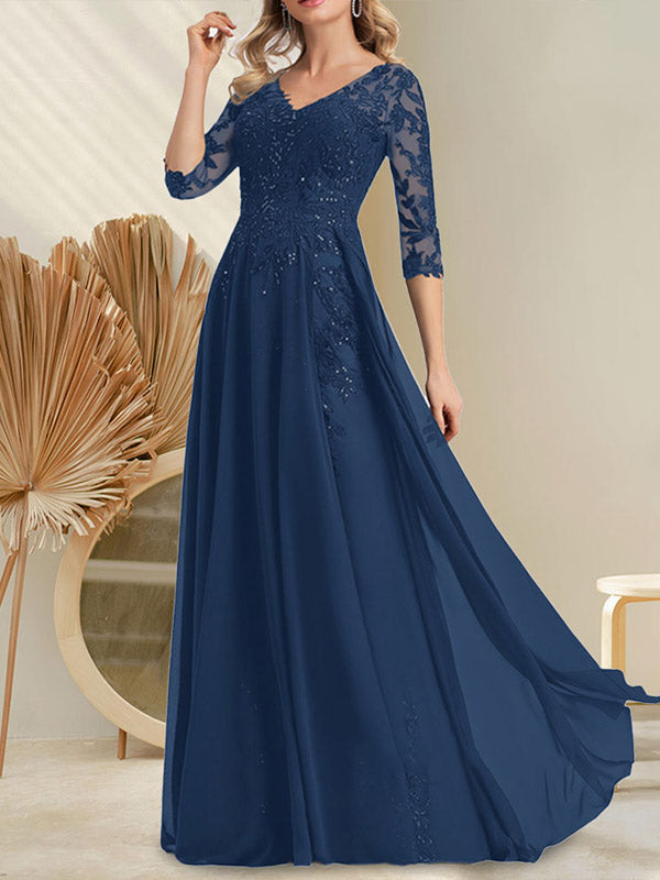 A-Linie V-Ausschnitt Bodenlanges Spitzen-Chiffon-Kleid für die Brautmutter mit Pailletten