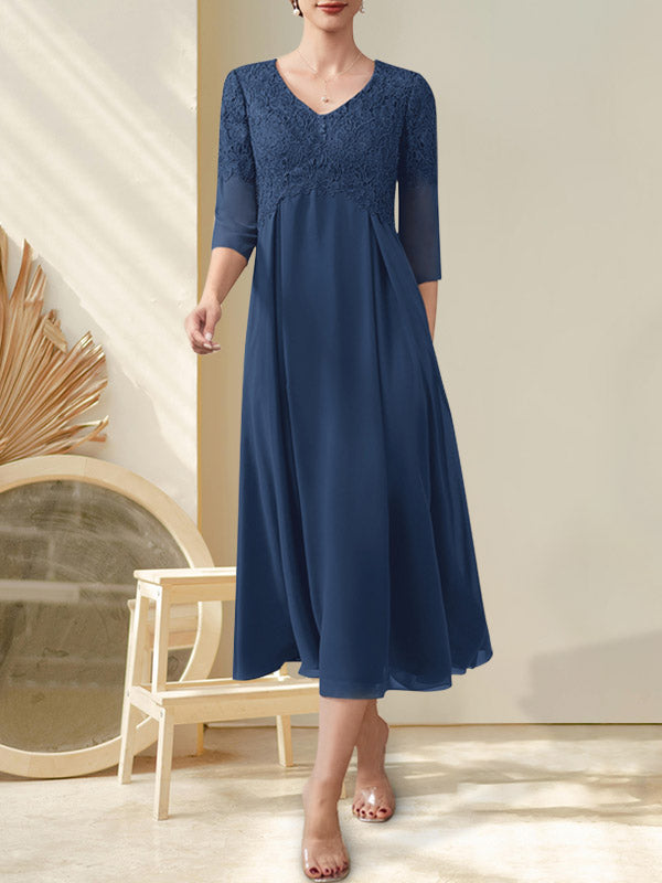 A-Linie V-Ausschnitt Wadenlang Chiffon Spitze Kleid für die Brautmutter mit Perlenbesatz