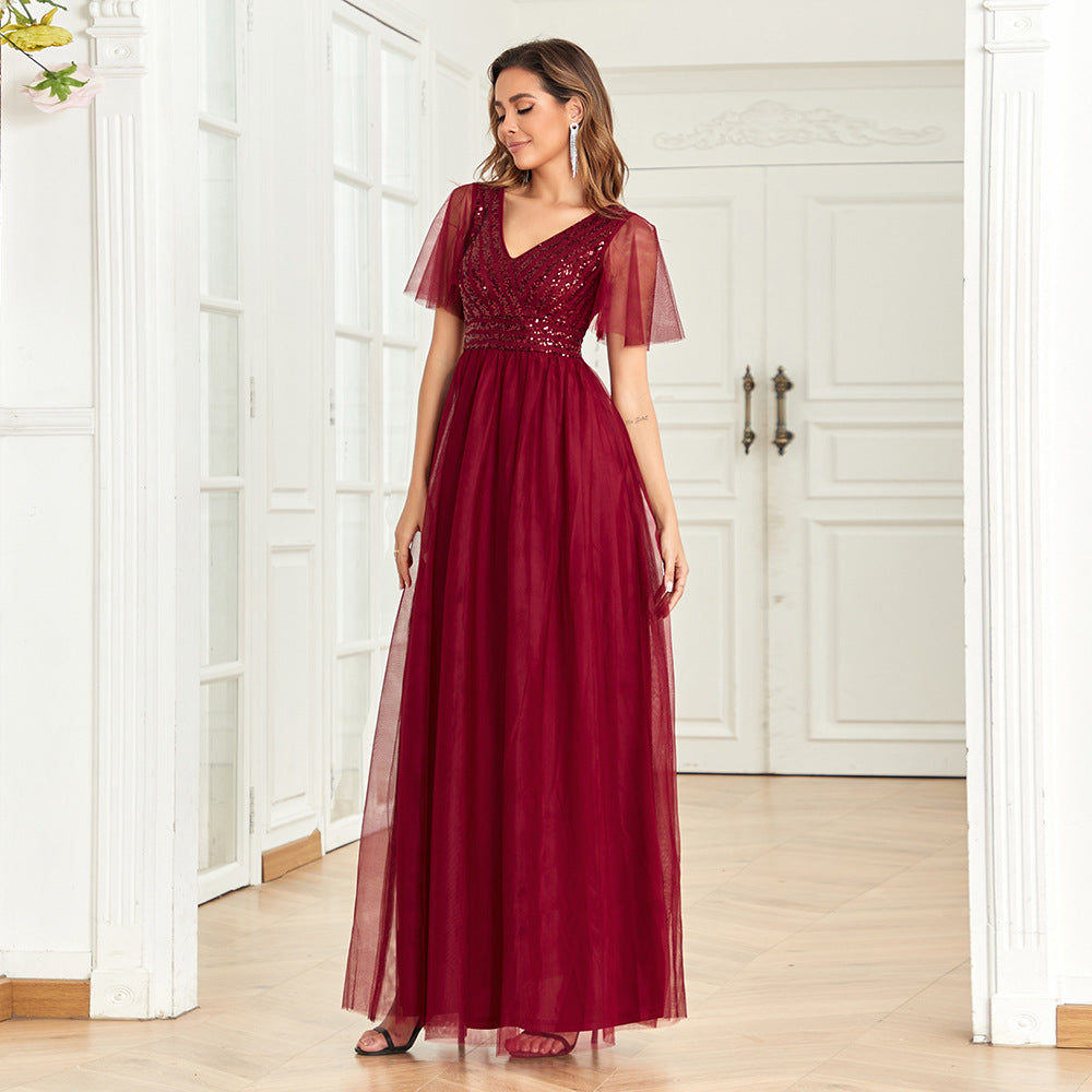 Vestido de noche elegante rojo vino con escote en V para mujer, corte A, espalda con cremallera, costura de malla, lentejuelas, manga corta, vestido de novia