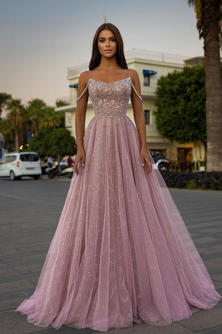 Vestido de fiesta largo de tul rosa con tirantes finos, corte A y lentejuelas