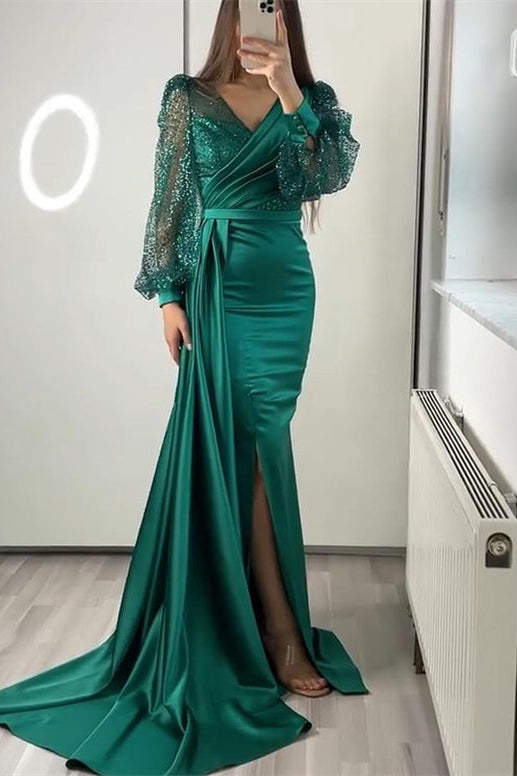 Vestidos de fiesta de sirena de satén con escote en V y mangas largas con abertura