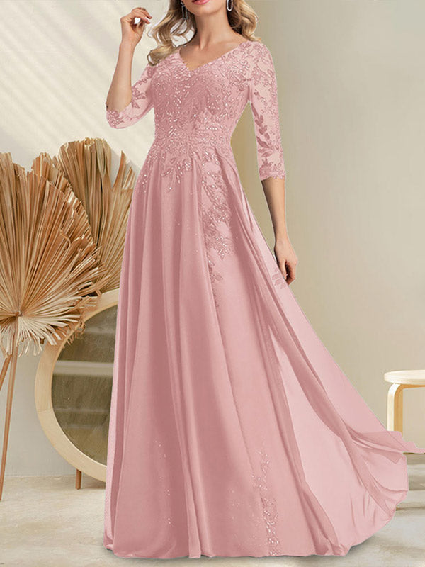 A-Linie V-Ausschnitt Bodenlanges Spitzen-Chiffon-Kleid für die Brautmutter mit Pailletten