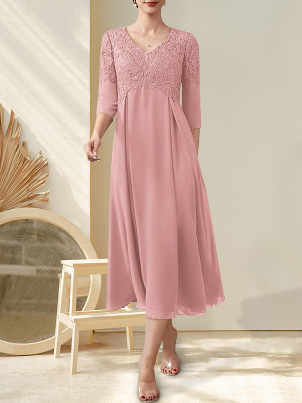 A-Linie V-Ausschnitt Wadenlang Chiffon Spitze Kleid für die Brautmutter mit Perlenbesatz