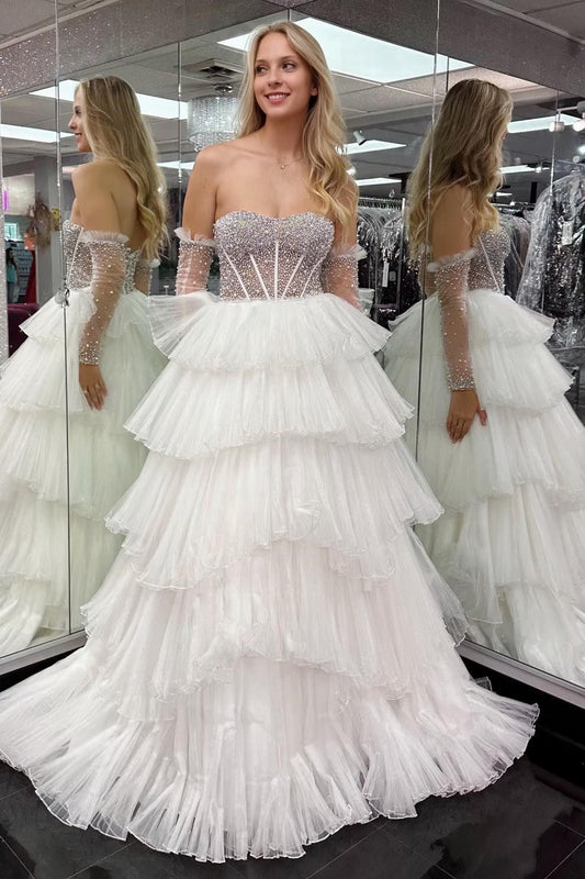 Roycebridal Lana | Vestido de fiesta de organza con escote en forma de A y mangas desmontables.
