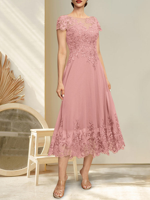 Vestido de gasa con encaje, ilusión, escote redondo y largo hasta la rodilla para madre de la novia con lentejuelas