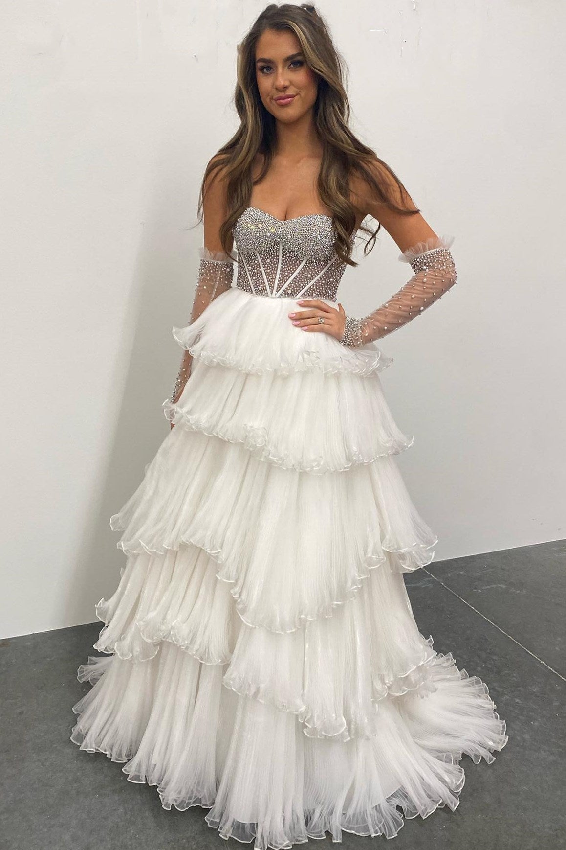 Roycebridal Lana | Vestido de fiesta de organza con escote en forma de A y mangas desmontables.