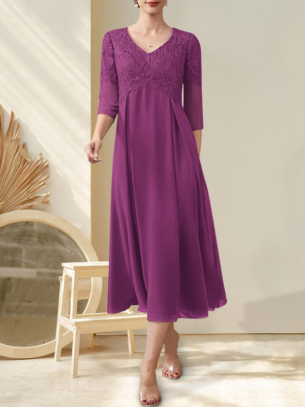 A-Linie V-Ausschnitt Wadenlang Chiffon Spitze Kleid für die Brautmutter mit Perlenbesatz