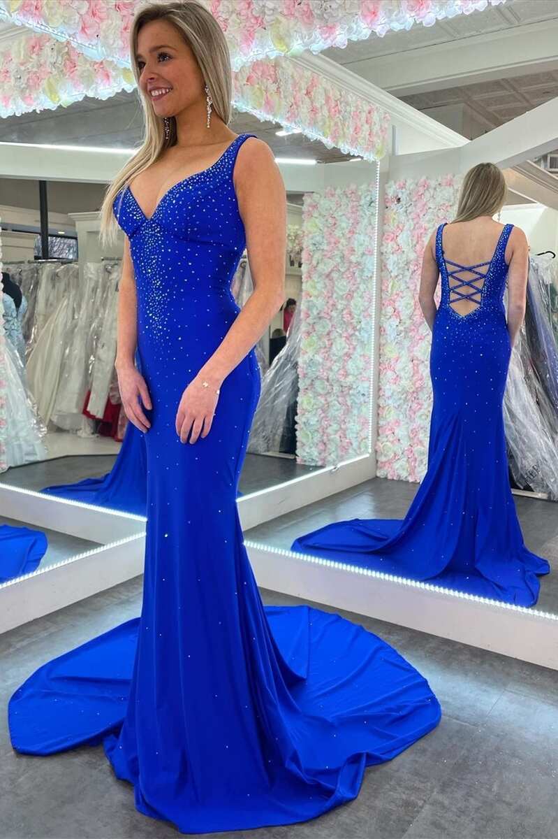 Elle | Vestido de fiesta de satén con cuentas, escote en V y espalda cruzada, estilo sirena