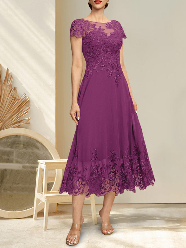 Vestido de gasa con encaje, ilusión, escote redondo y largo hasta la rodilla para madre de la novia con lentejuelas