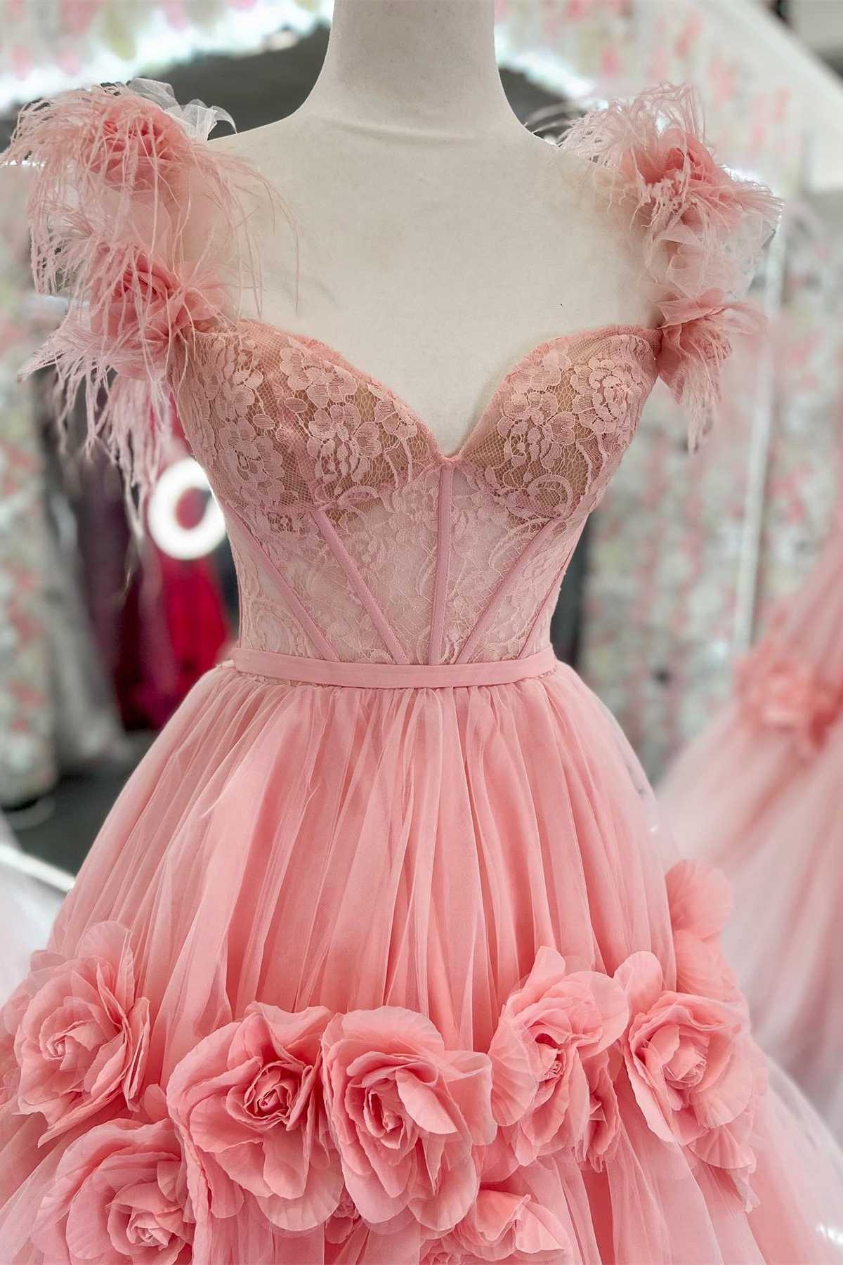Vestido de fiesta de tul con encaje y hombros descubiertos, corte princesa