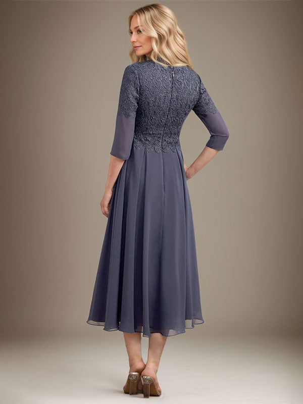 A-Linie V-Ausschnitt Wadenlang Chiffon Spitze Kleid für die Brautmutter mit Perlenbesatz