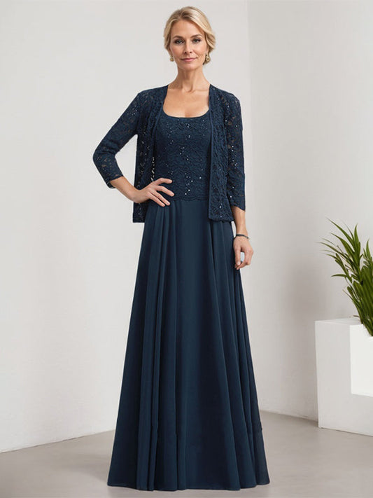 Vestido de madre de la novia de gasa con encaje, corte A, largo hasta el suelo, cuadrado y lentejuelas