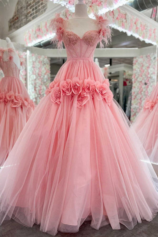 Vestido de fiesta de tul con encaje y hombros descubiertos, corte princesa