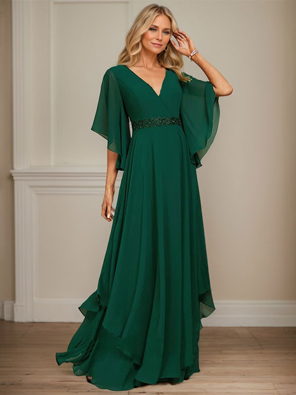 A-Linie V-Ausschnitt Bodenlang Chiffon Kleid für die Brautmutter mit Pailletten Applikationen Spitze Perlen
