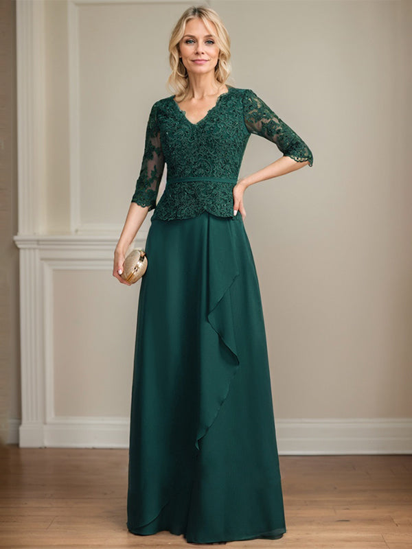 A-Linie, V-Ausschnitt, bodenlanges Chiffon-Kleid für die Brautmutter mit kaskadierenden Rüschen und Pailletten