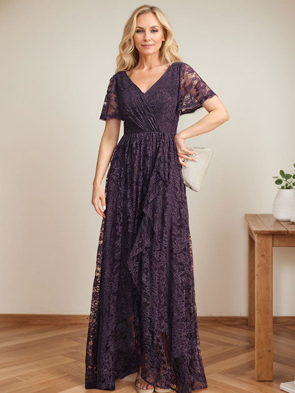 A-Linien-Kleid mit V-Ausschnitt, asymmetrischer Spitze für die Brautmutter mit kaskadierenden Rüschen