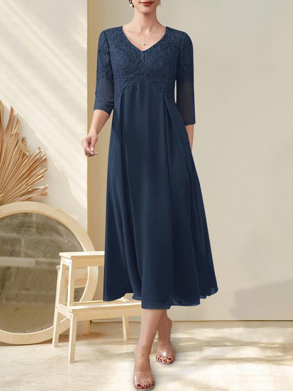 A-Linie V-Ausschnitt Wadenlang Chiffon Spitze Kleid für die Brautmutter mit Perlenbesatz