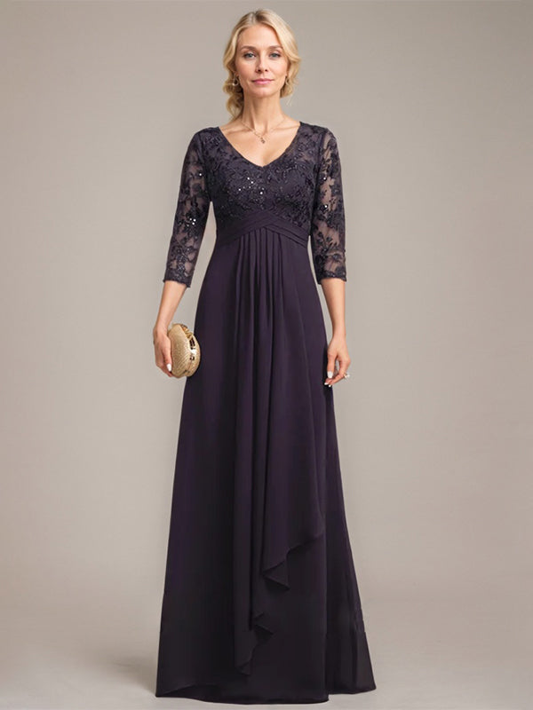A-Linie, V-Ausschnitt, bodenlanges Chiffon-Kleid für die Brautmutter mit kaskadierenden Rüschen und Pailletten