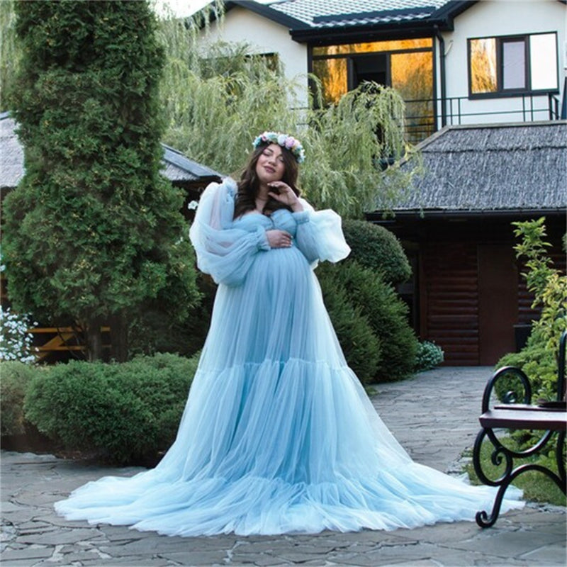 6138#Gauze skirt, big belly, photo dress, large size fluffy stitching, maternity evening dress, big skirt with sleeves dress