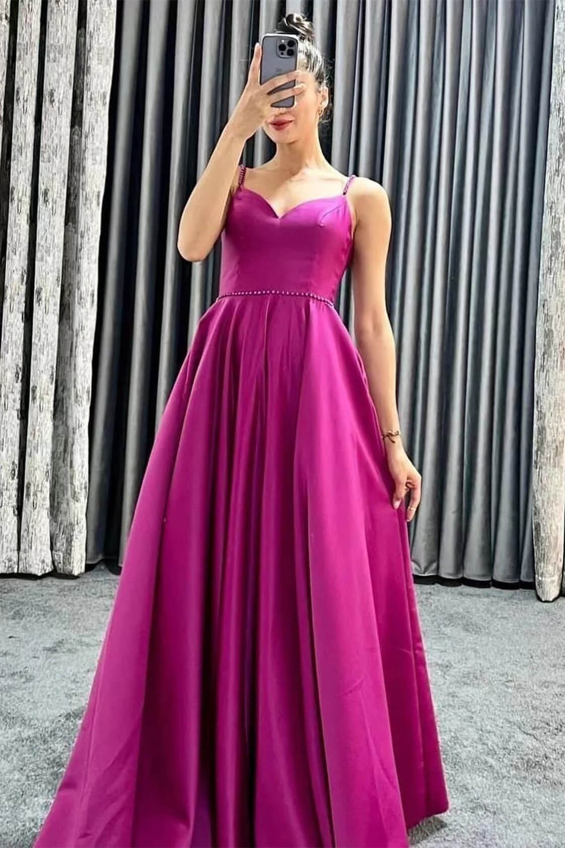 Long A-line Spaghetti Straps V-Neck Sleeveless Prom Dresses with Pockets