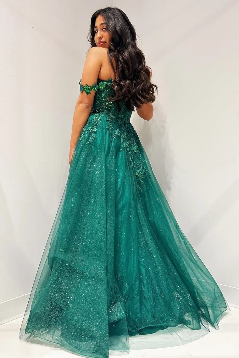 Vestido de fiesta largo de corte A con hombros descubiertos y apliques esmeralda brillante
