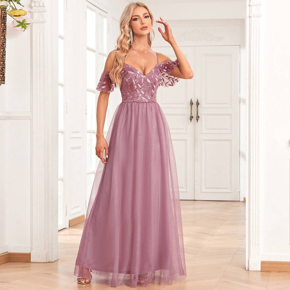 Elegantes Damen-Kleid mit schulterfreiem Trägerärmel und doppeltem V-Ausschnitt, Tüllnähten, bestickter Sequ-A-Swing-Stickerei, langes Party- und Abendkleid