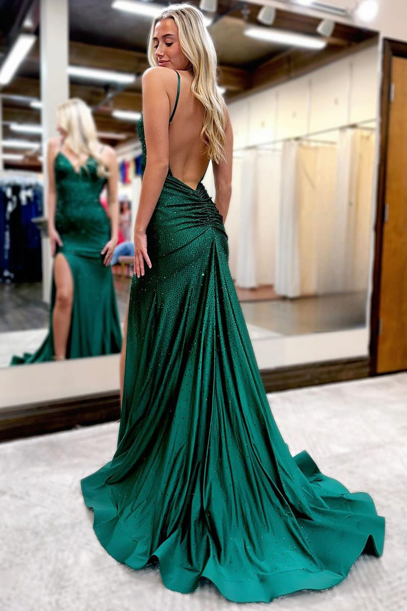 Beaded V Neck Mermaid Long Prom Dresses with Slit