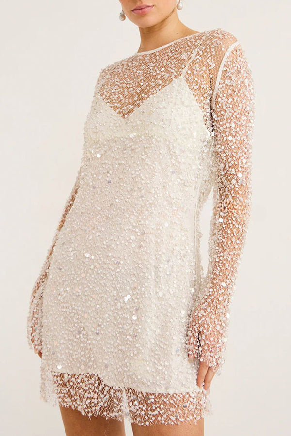 Minikleid aus glitzerndem und glänzendem Pailletten- und Perlenstoff mit separatem Unterkleid