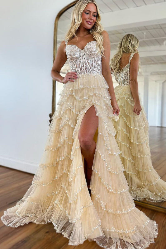Vestidos de fiesta de tul champán con escote en forma de A y apliques