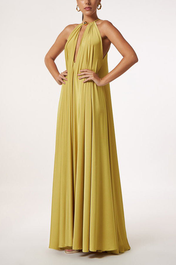 Greek Goddess – Markantes goldenes Neckholder-Maxikleid in A-Linie