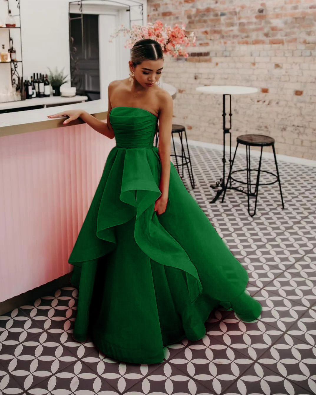 Hellrosa A-Linien-Ballkleid aus Organza ohne Träger