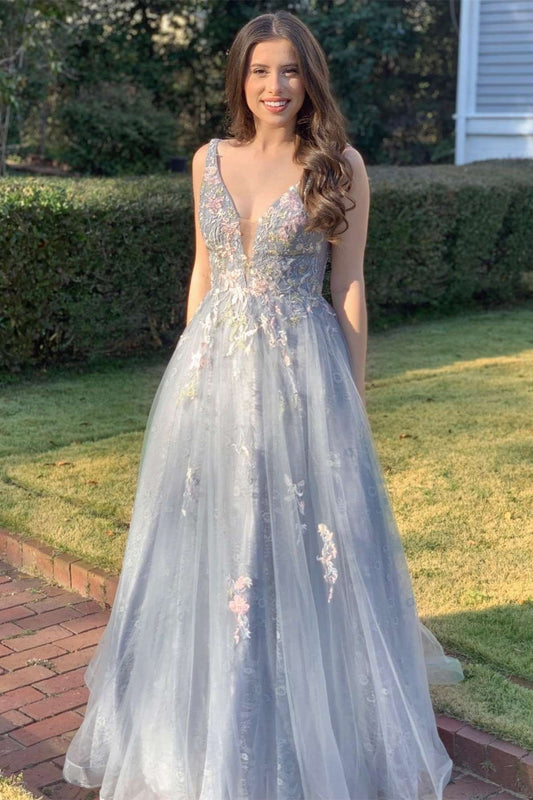 Vestido de fiesta largo de corte A con escote en V y apliques de tul ligero