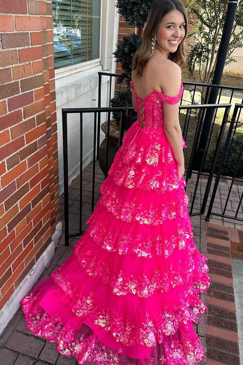 Vestido de fiesta de princesa con encaje y lentejuelas y hombros descubiertos